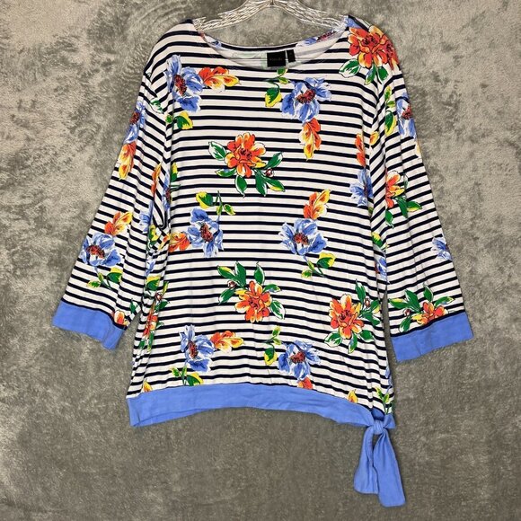 Rafaella Women Nautical Coastal Preppy Striped Floral Stretch Long Sleeve Top 3X - Picture 1 of 10